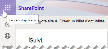 Le symbole du lanceur d’applications se compose de neuf petits points carrés, situés près du coin supérieur droit de la fenêtre de l’application SharePoint.