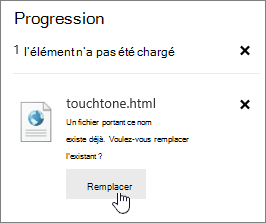 Boîte de dialogue Échec de chargement avec le bouton Remplacer mis en surbrillance