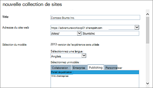 Boîte de dialogue Nouvelle collection de sites dans la moitié supérieure avec le portail de publication mis en évidence
