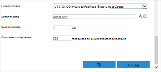 Boîte de dialogue Nouvelle collection de sites avec la section fuseau horaire et quotas.