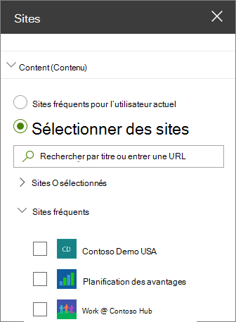 Paramètres du composant WebPart Sites