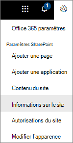 Menu Paramètres avec les informations de site sélectionnées