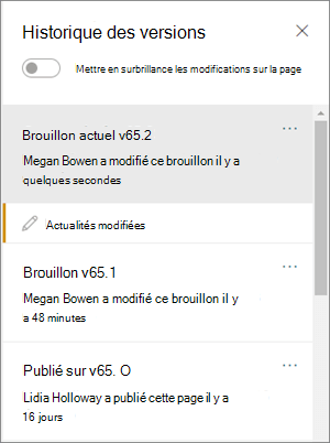 Volet Historique des versions