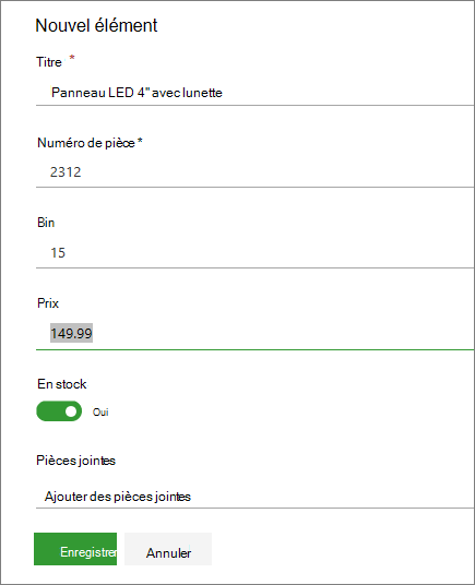Formulaire d’élément unique pour une liste