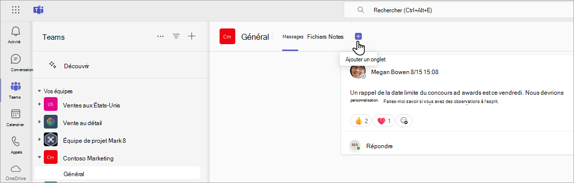 Ajout d’un nouvel onglet dans Teams à l’aide d’une URL SharePoint.