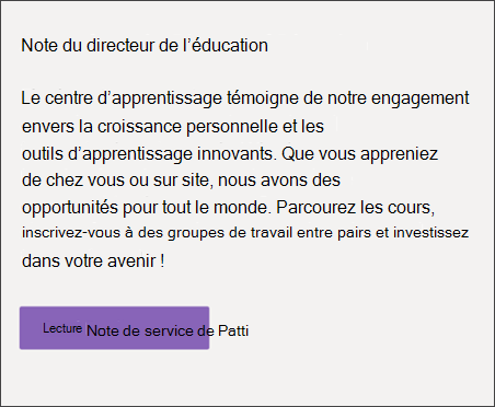Site Centrale d’apprentissage Composant WebPart Texte affichant un message de bienvenue ou une zone d’annonce pour le modèle