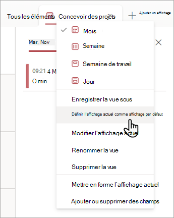 Capture d’écran montrant comment choisir la commande Définir l’affichage actuel comme commande par défaut dans Listes.