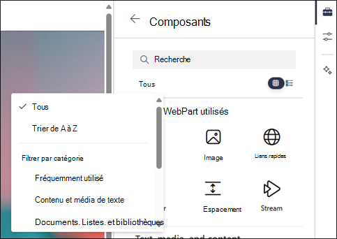 Filtrage des composants WebPart dans le niveau 2 de la boîte à outils