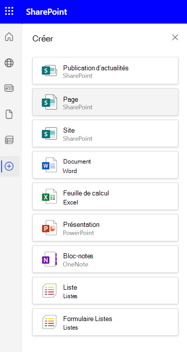 Capture d’écran du volet Créer dans la barre de l’application SharePoint avec les options de publication et de page d’actualités.
