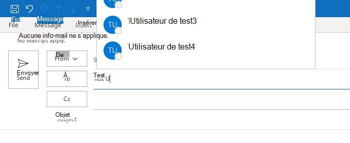 L’image affiche la saisie semi-automatique pour Outlook. La saisie semi-automatique n’est que partiellement visible.