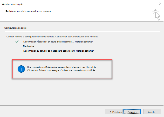 Erreur de connexion chiffrée à Outlook