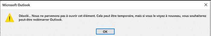 Capture d’écran de l’erreur Outlook
