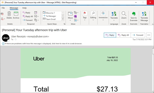 Capture d’écran d’Outlook cesse d’afficher l’e-mail de reçu Uber