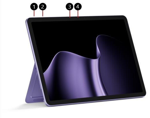 Capture d’écran d’Surface Pro 12 pouces avec des légendes numérotées marquant le bouton d’alimentation sur le bord supérieur à gauche ; les boutons de volume immédiatement à côté du bouton d’alimentation ; la caméra Windows Hello et la caméra frontale en haut au centre de l’écran.