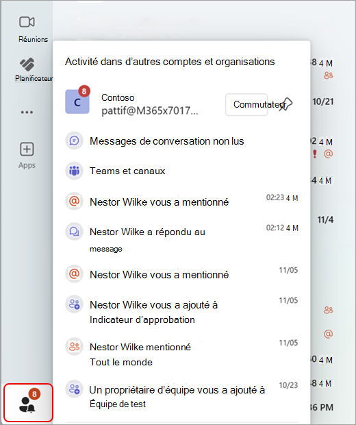Capture d’écran montrant l’activité Teams sur plusieurs comptes et organisations.
