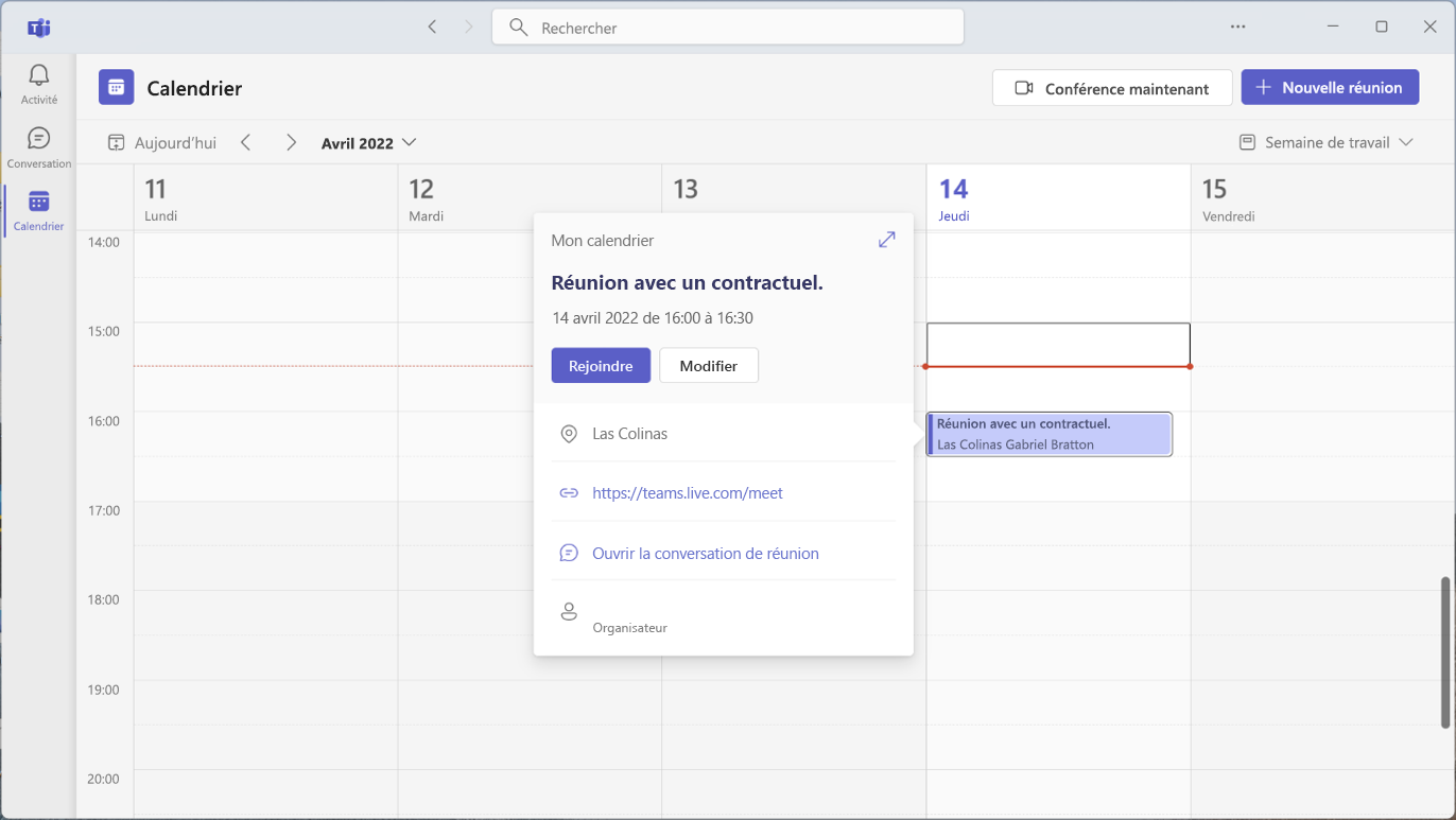 Calendrier Outlook affichant la fenêtre d’une réunion de calendrier.