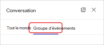 Capture d’écran du bouton du groupe d’événements en haut du volet de conversation dans un événement Teams.