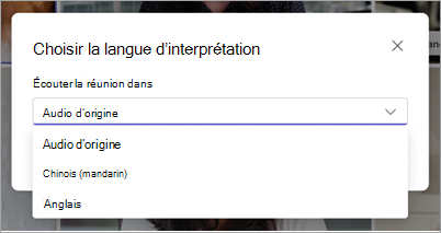 Capture d’écran montrant le menu déroulant Choisir la langue d’interprétation dans Microsoft Teams.