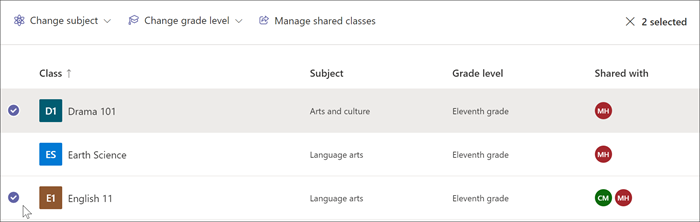 capture d’écran de l’affichage de partage de votre classe dans Insights avec Drama 101 et English 11 sélectionnés dans la liste. En haut de la page, vous pouvez choisir entre Modifier la matière, Modifier le niveau et Gérer les classes