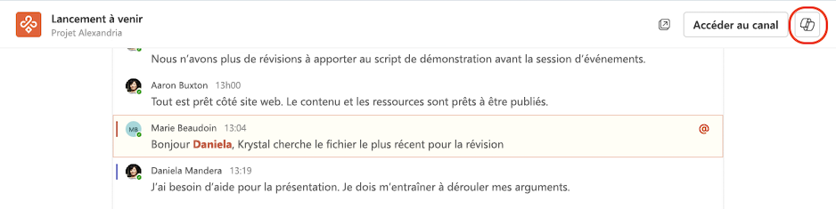 Accéder à Copilot à partir d’une vue immersive de canaux