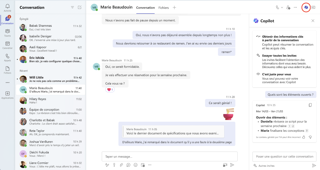 Vue de Copilot dans une conversation Teams