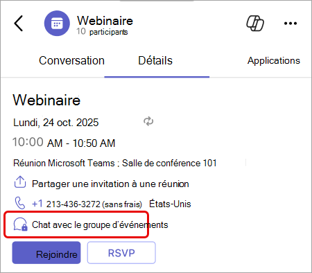 Capture d’écran mettant en évidence le bouton de conversation de groupe d’événements dans les détails de l’événement mobile.