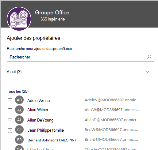 Utilisez cette boîte de dialogue pour sélectionner jusqu’à 10 propriétaires pour gérer votre groupe
