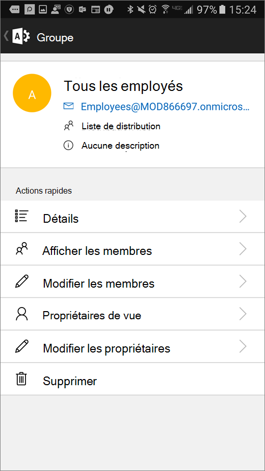 Sélectionnez votre groupe dans l’application Office 365 Admin pour modifier des détails tels que l’appartenance ou les propriétaires.