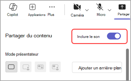 Activez le bouton bascule Inclure le son pour partager le son à partir de la fenêtre que vous partagez.