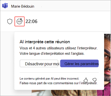 Capture d’écran mettant en évidence l’indicateur d’interprète dans une réunion Microsoft Teams.