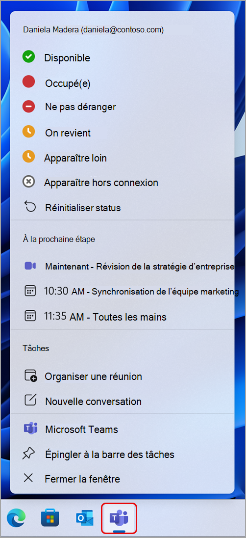 Capture d’écran montrant les actions que vous pouvez effectuer dans Teams via la barre des tâches Windows.