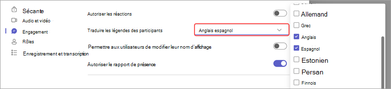 Option de réunion montrant comment ajouter des langues pour les sous-titres traduits en direct dans un événement.