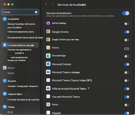 Capture d’écran de la boîte de dialogue Paramètres des emplacements pour MAC