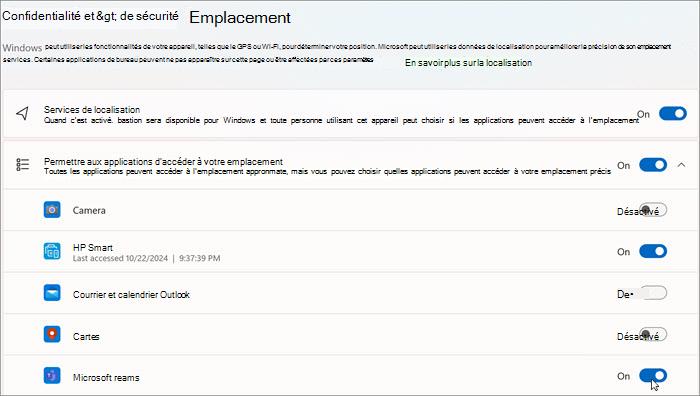 Capture d’écran de la fenêtre Paramètres des emplacements dans Windows 11