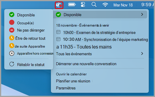 Capture d’écran montrant le menu des actions rapides pour Teams sur Mac.