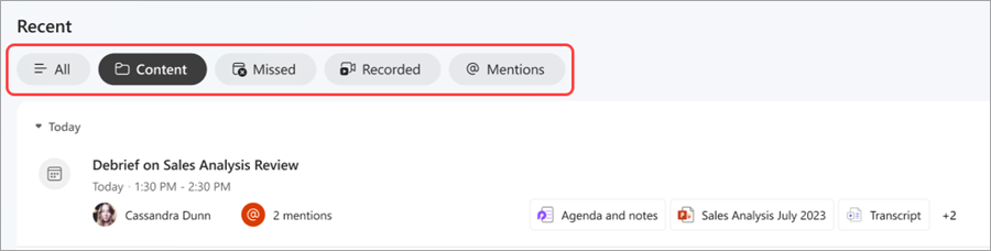 Capture d’écran de différents onglets dans la section Récent de Meet in Teams