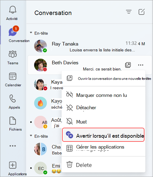 Capture d’écran montrant comment être averti lorsque quelqu’un status des modifications à partir d’une conversation.