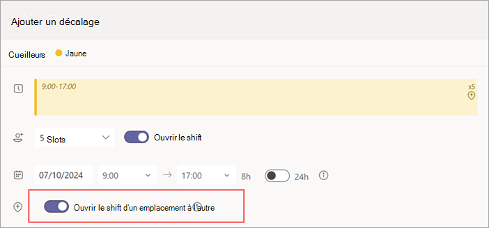 Capture d’écran montrant le bouton bascule Ouvrir le décalage entre les emplacements pour un shift ouvert.