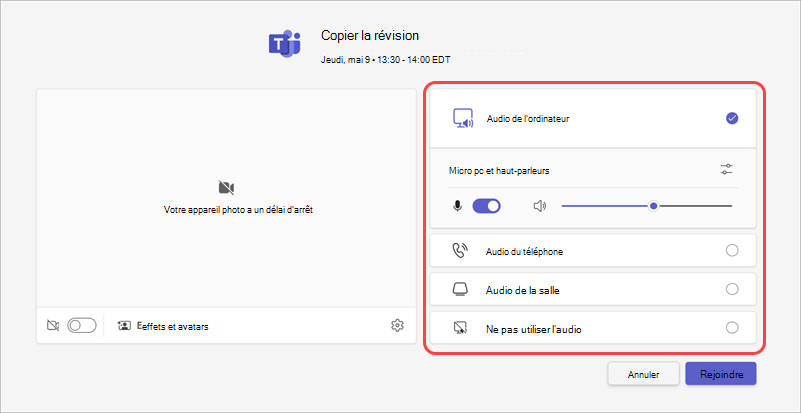 Choisissez votre source audio pour une réunion à partir de l’écran de pré-participation.