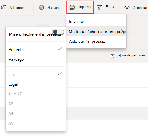 Capture d’écran montrant l’option Imprimer dans Shifts pour imprimer une planification.