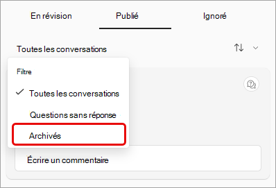 Capture d’écran du menu déroulant filtre Q&A, avec l’archive mise en surbrillance.