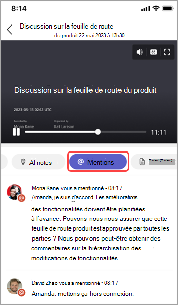 Afficher les mentions de nom dans le récapitulatif des réunions Teams.