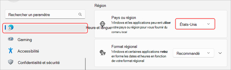Paramètres régionaux sur un appareil Windows.