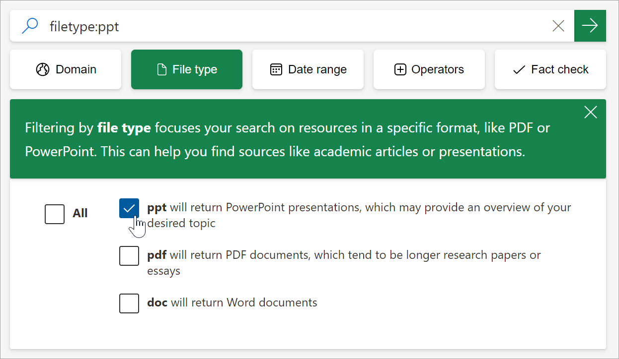 capture d’écran de la sélection du fichier PDF dans les options de type de fichier. Filetype :pdf est renseigné dans la barre de recherche.
