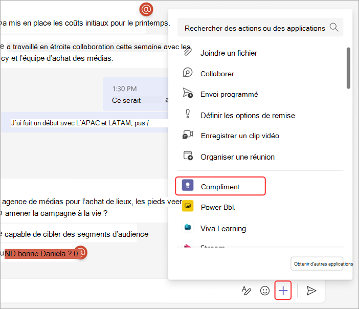 Capture d’écran montrant comment envoyer des Compliments à une personne dans une conversation