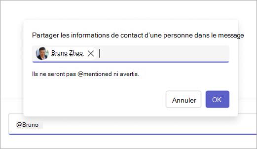 Capture d’écran montrant un contact prêt à être partagé dans la zone de composition.