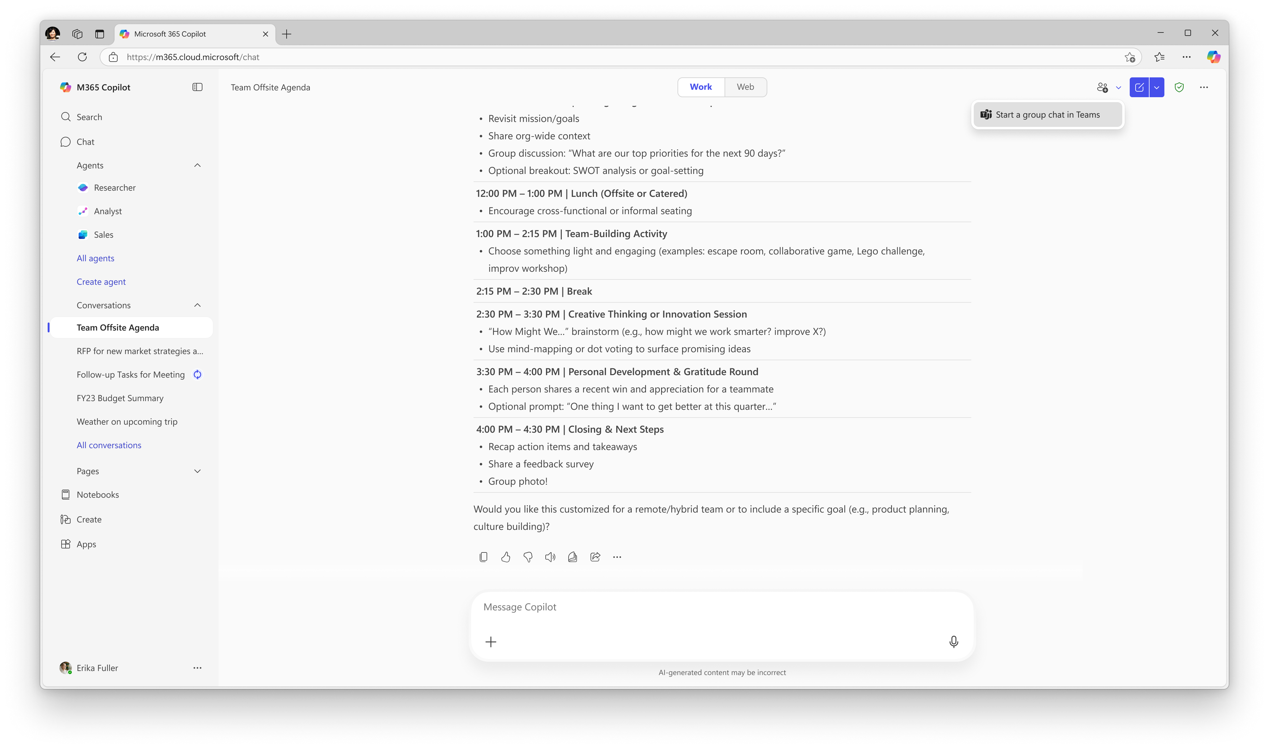 Démarrer une conversation de groupe dans le point d’entrée Teams