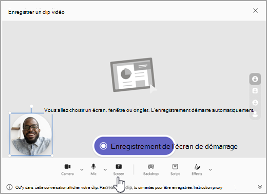 Capture d’écran de l’option permettant de démarrer l’enregistrement de l’écran dans Microsoft Teams.
