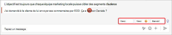 Capture d’écran montrant les réponses suggérées dans la conversation