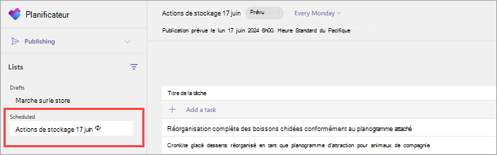 Capture d’écran d’une liste de tâches périodiques dans la section Planifiée de la page Publication.